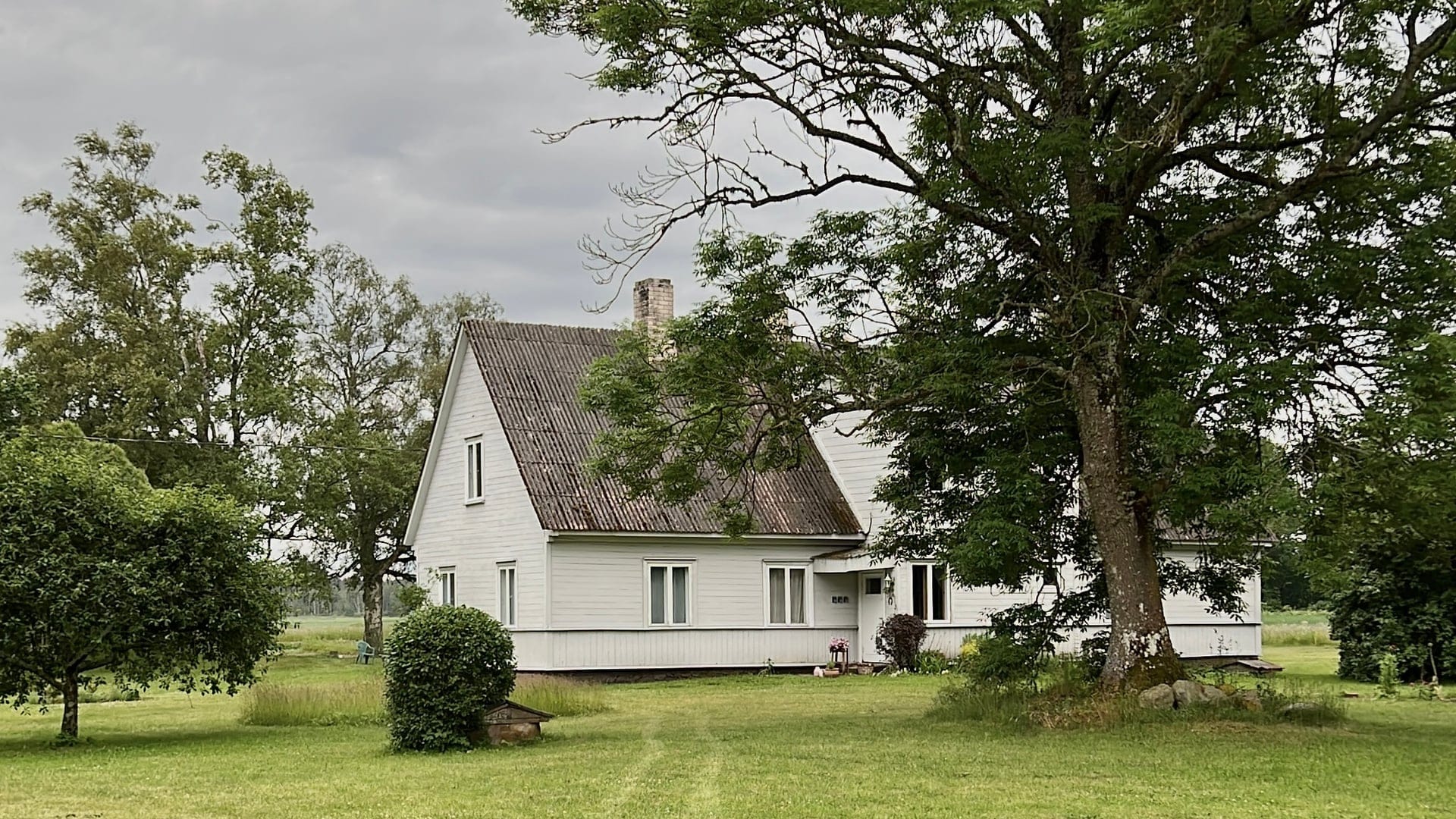 Charming countryside house with white flowers and rustic barn